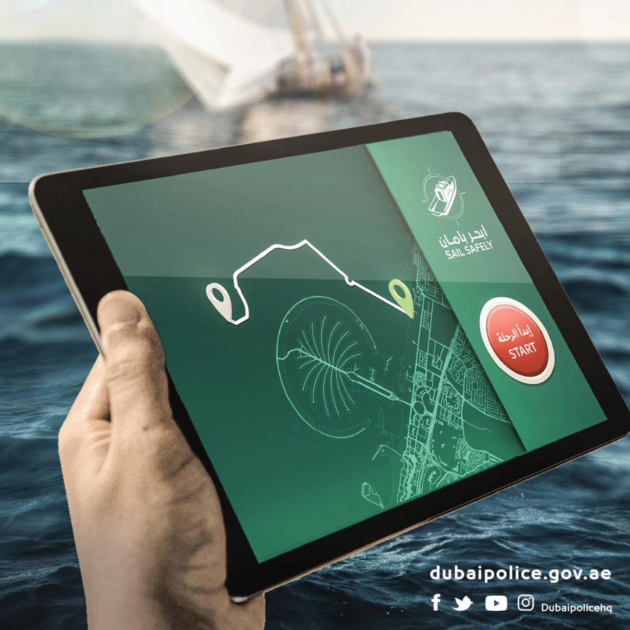 Black tablet displaying dubai police app