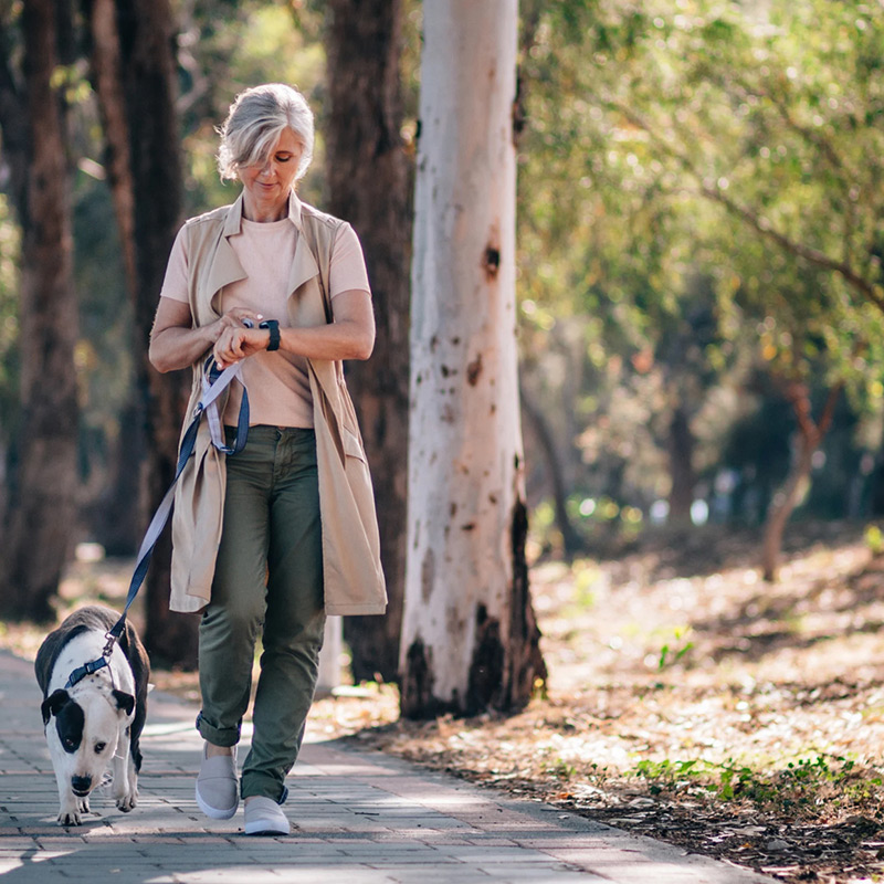 Woman waking in the park with a dog